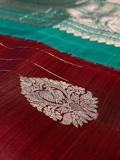 Peacock in the Rain Kanjeevaram in Red and Teal