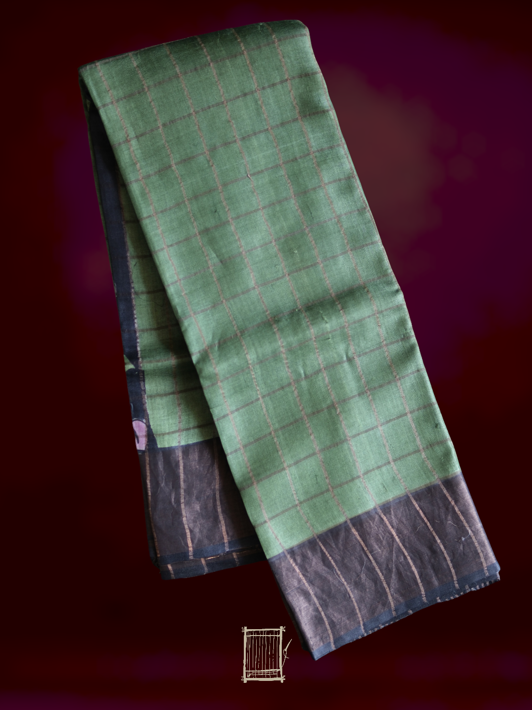 Forest green tussar body with copper checks beside charcoal kalamkari pallu flatlay view