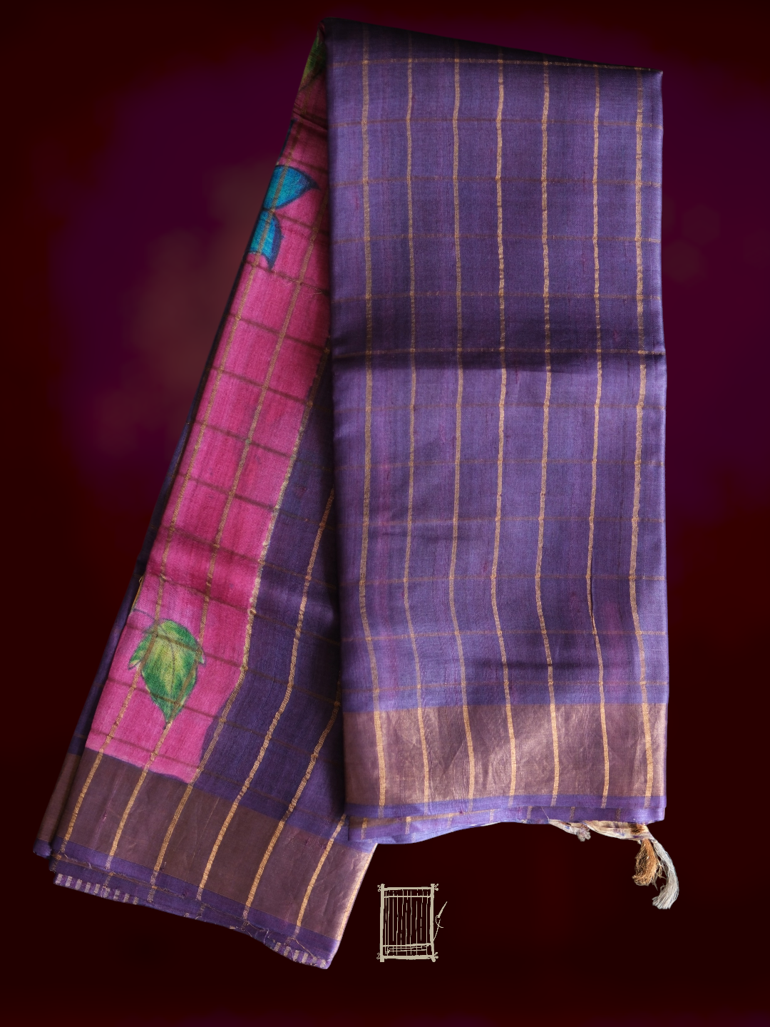 Dusty violet and magenta hand-painted kalamkari tussar saree flatlay with gold zari checks